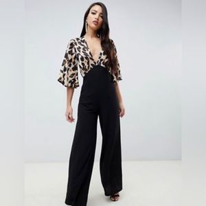 Used John Zack Tall Contrast Leopard Top Wide Leg Jumpsuit in Black